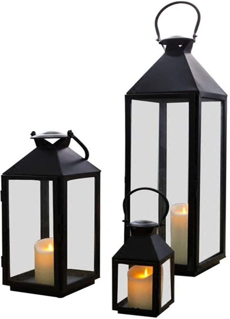Set of 3 Metal Black Glass Candle Holder Lantern – Quace