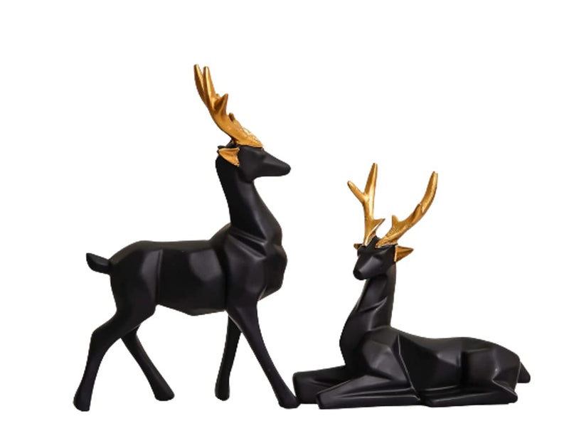 Deer Pair Set of 2 in Matte Black Finish Decorative Showpiece Figurine (Black and Gold)
