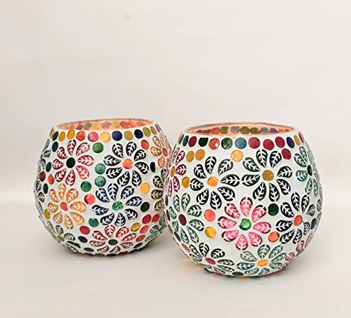 Mosaic Colorful Glass Candle Tealight Candle Holder Large 4" (Pack of 2)