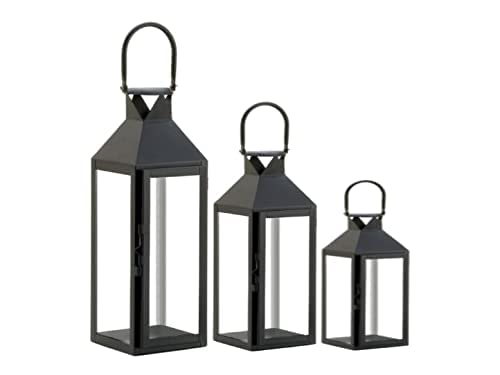 Set of 3 Metal Black Glass Candle Holder Lantern