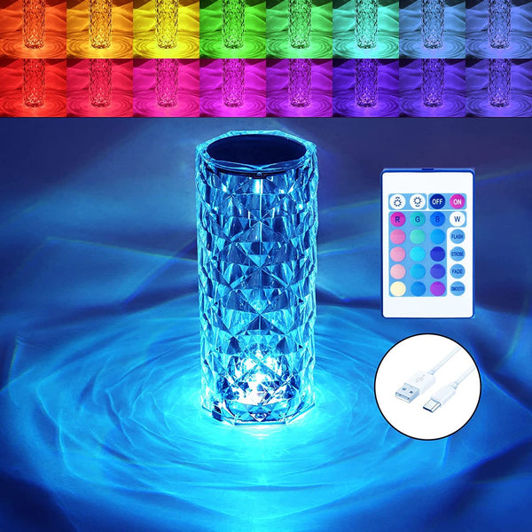 16 Color Changing Crystal Lamp RGB Night Light Touch Lamp USB Romantic LED Rose Diamond Table Lamps for Living Room Party Dinner Diwali Christmas Decor Creative Lights (Remote & Touch)