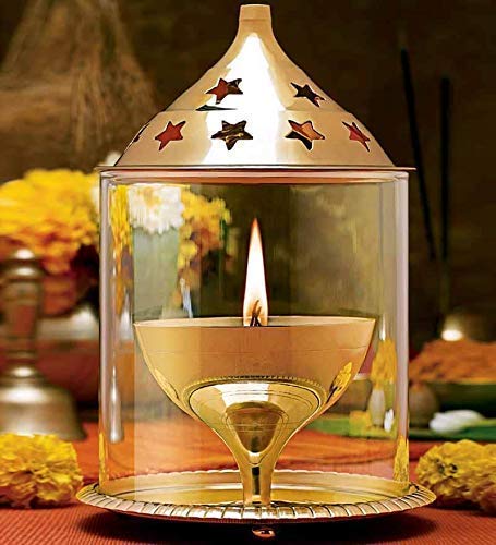 Akhand Diya Decorative Brass & Glass Oil Lamp 5 Inch with Borosilicate Glass