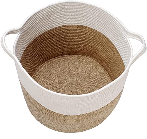 Woven Cotton/Jute Plant Basket for Indoor Plants Laundry Organisers, Toy Storage Baskets, Boho Home Decor (Brown-White (1 Pc)