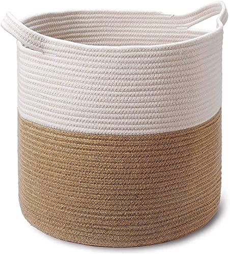 Woven Cotton/Jute Plant Basket for Indoor Plants Laundry Organisers, Toy Storage Baskets, Boho Home Decor (Brown-White (1 Pc)