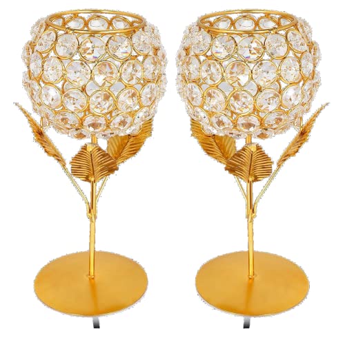 Crystal Flower Gold Glass Tea-Light Holder (Pack of 2)