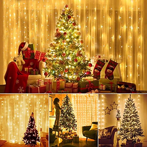 300Led Window Curtain String Light 8 Lighting Modes Fairy Lights Remote Control USB Powered Waterproof Lights for Christmas Bedroom Party Wedding Home Garden Wall Decorations,(Warm White)