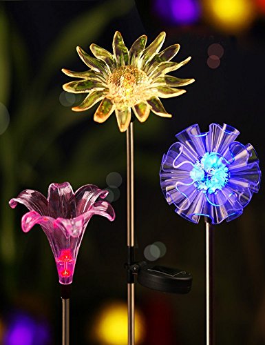 3-Pack LED Solar Powered Stake Lights for Garden, Patio, Backyard (Dandelion, Lily, Sunflower)