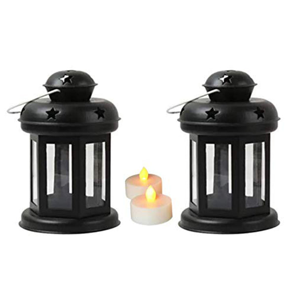 Metal Starry Lantern for Tealight, Candle, Ferry Lights with Battery Operated Tealights (Black-Pack of 2)