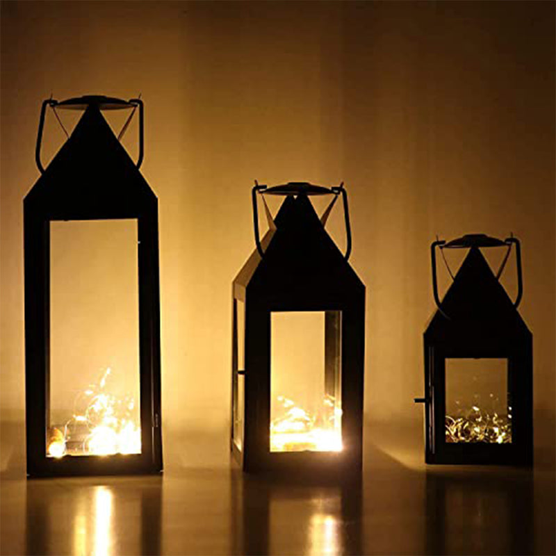 Set of 3 Metal Black Glass Candle Holder Lantern