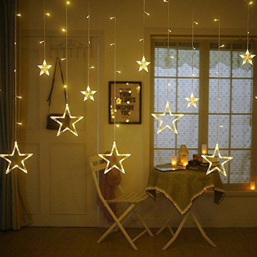12 Stars Curtain String Lights, Window Curtain Lights with 8 Flashing Modes Decoration for Christmas, Wedding, Party, Home, Patio Lawn, Warm White - Warm White